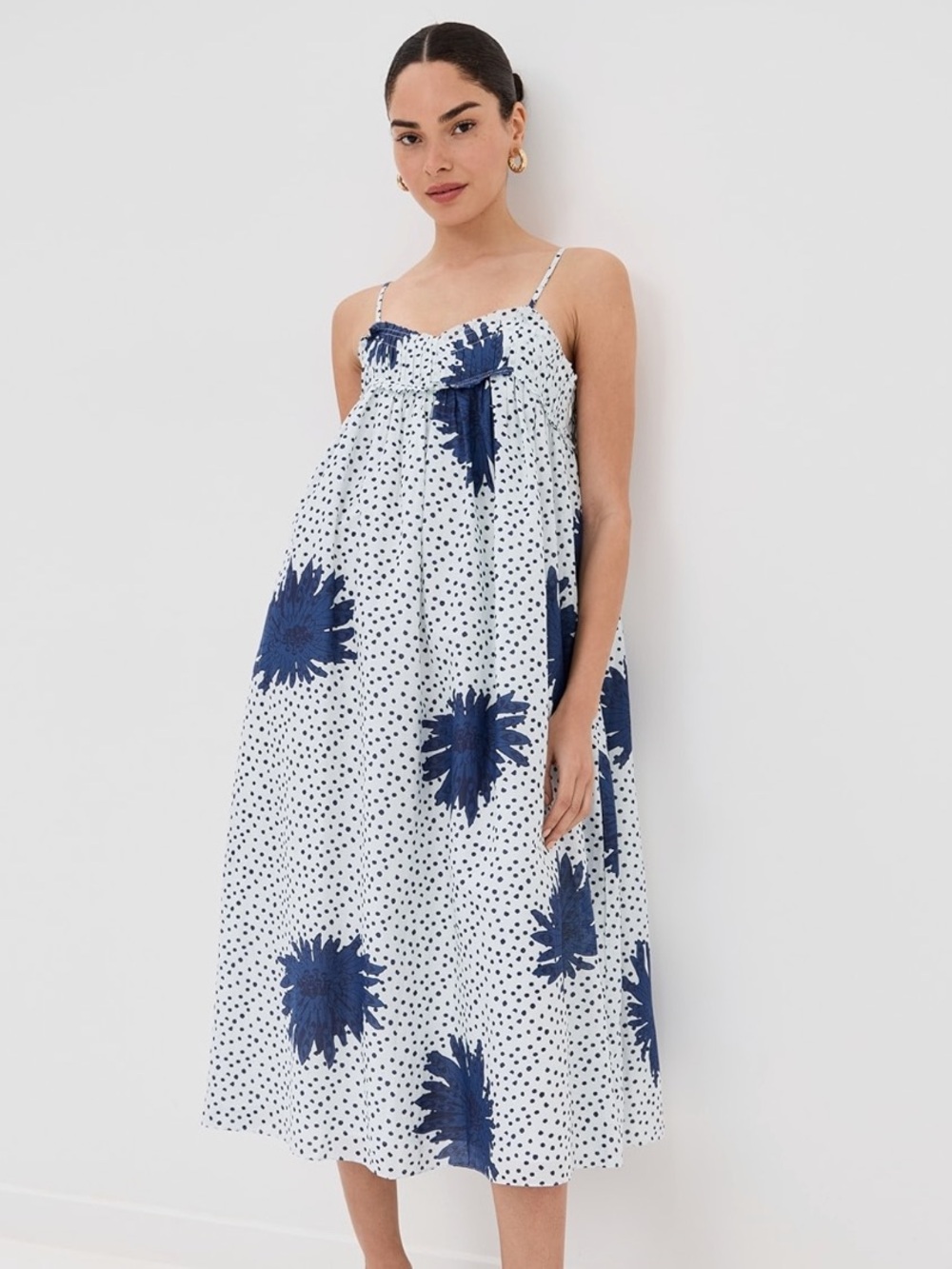 Alix Of Bohemia Cotton Silk Floral Polka Dot Eden Indigo Dahlia Midi Dress - Picture 3 of 13